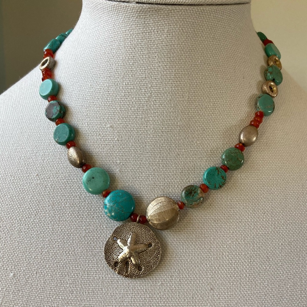 NWT Sterling Sand Dollar Pendant Dyed Howlite & Carnelian Necklace 925 B…